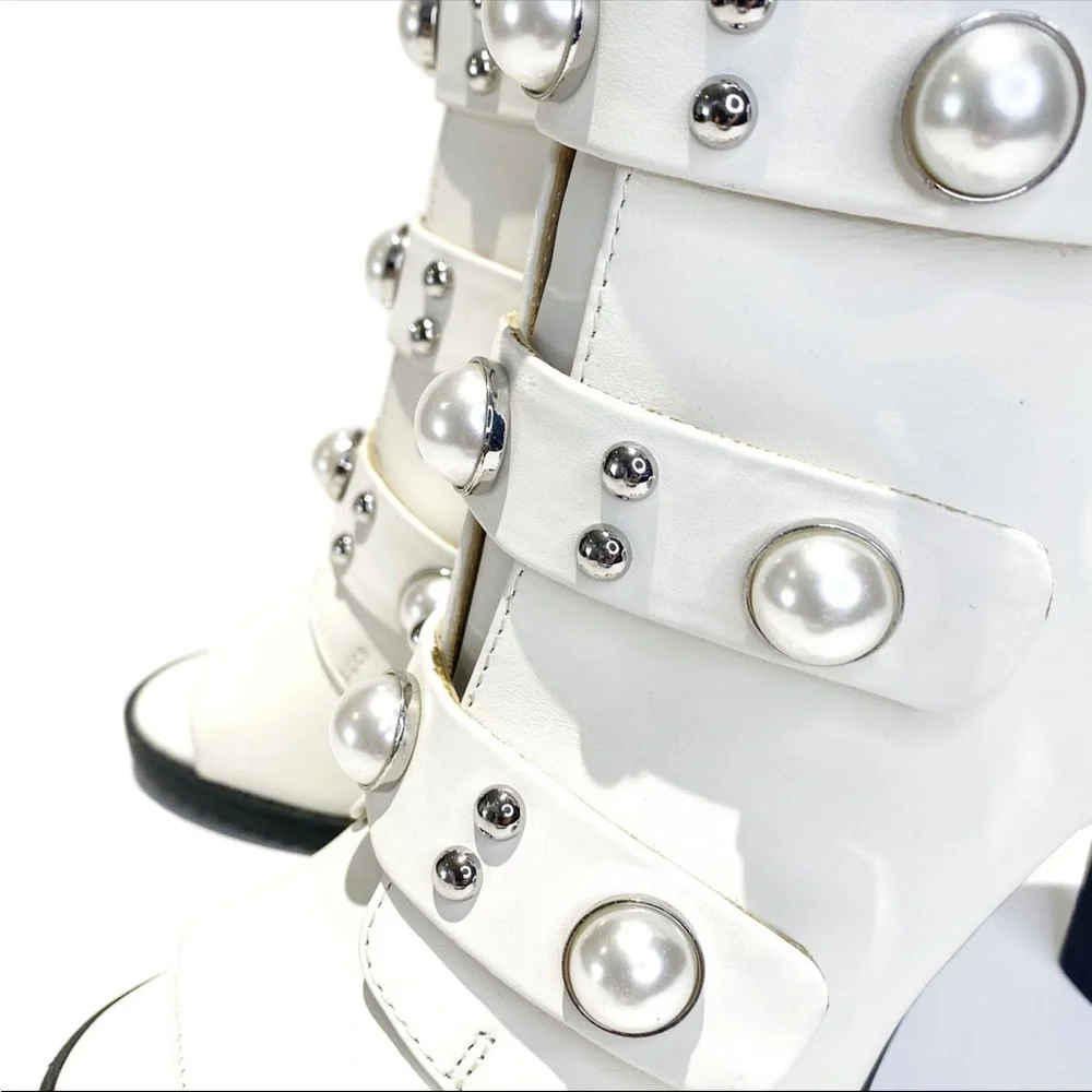 KARL LAGERFELD White Embellished Brayden Stiletto Leather Booties NWT